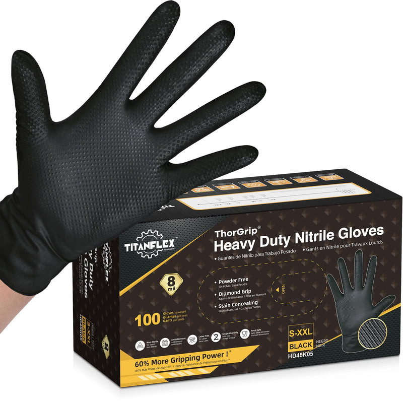 TitanFlex Thor Grip Heavy Duty Black Industrial Nitrile Gloves with Raised Diamond Texture, 8-mil, Latex Free 100 Large (Pack of 100)