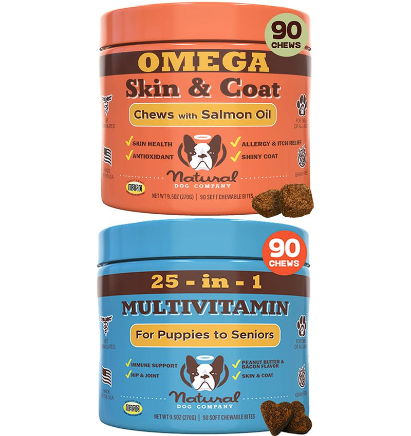 Natural Dog Company Multivitamin Supplement Chews + Skin & Coat Supplement Chews for Dogs - Comprehensive Nutritional Care for Healthy Skin, Shiny Coat, Joint Support, and Immune System Boost - PawsPlanet Australia