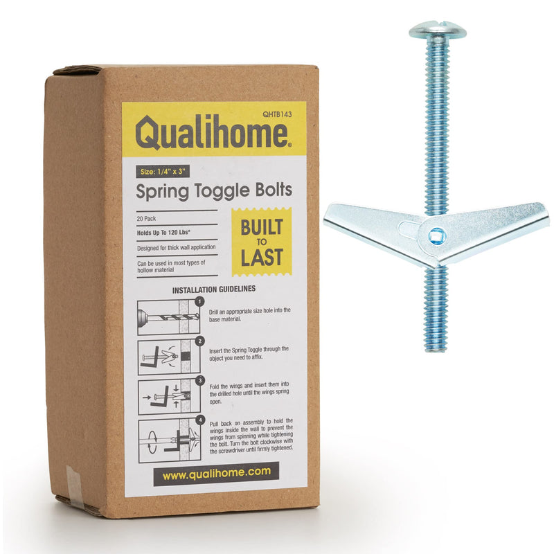 QUALIHOME Spring Toggle Bolt Anchors - Heavy Duty Wall Anchors for Hanging Items w/Hollow Walls & More - Stainless Steel Hollow Wall Anchor for Frames, Shelves, Mirrors & More, 20 Pack (1/4" x 3") 1/4" x 3"