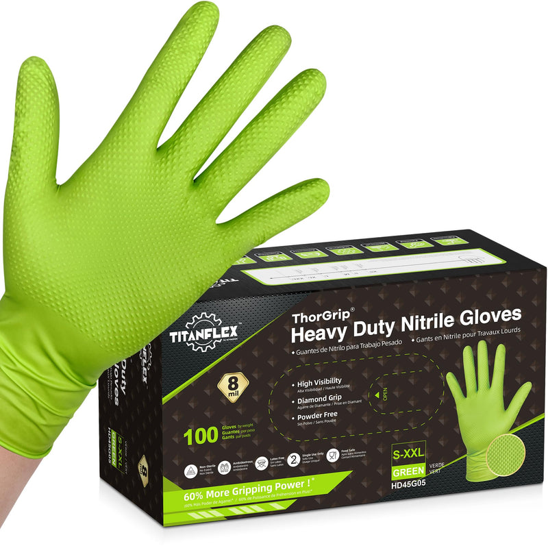 TitanFlex Thor Grip Heavy Duty Green Industrial Nitrile Gloves with Raised Diamond Texture, 8-mil, Latex Free, Powder Free 100 Large (Pack of 100)