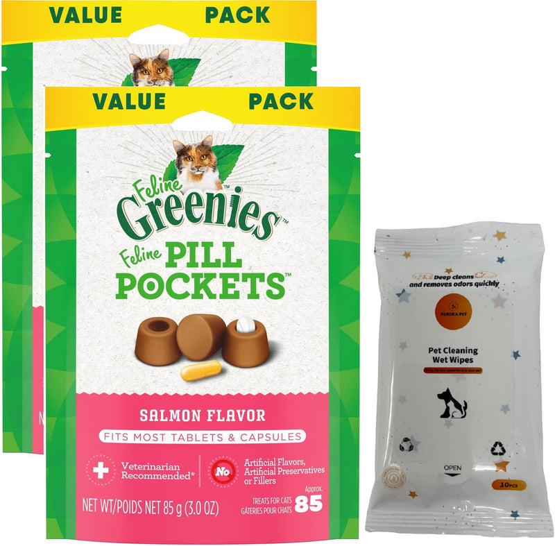 Aurora Pet Bundle (2) Greenies Feline Pill Pockets Salmon Flavor Natural Soft Adult Cat Treats (3-oz Bags) with AuroraPet Wipes - PawsPlanet Australia