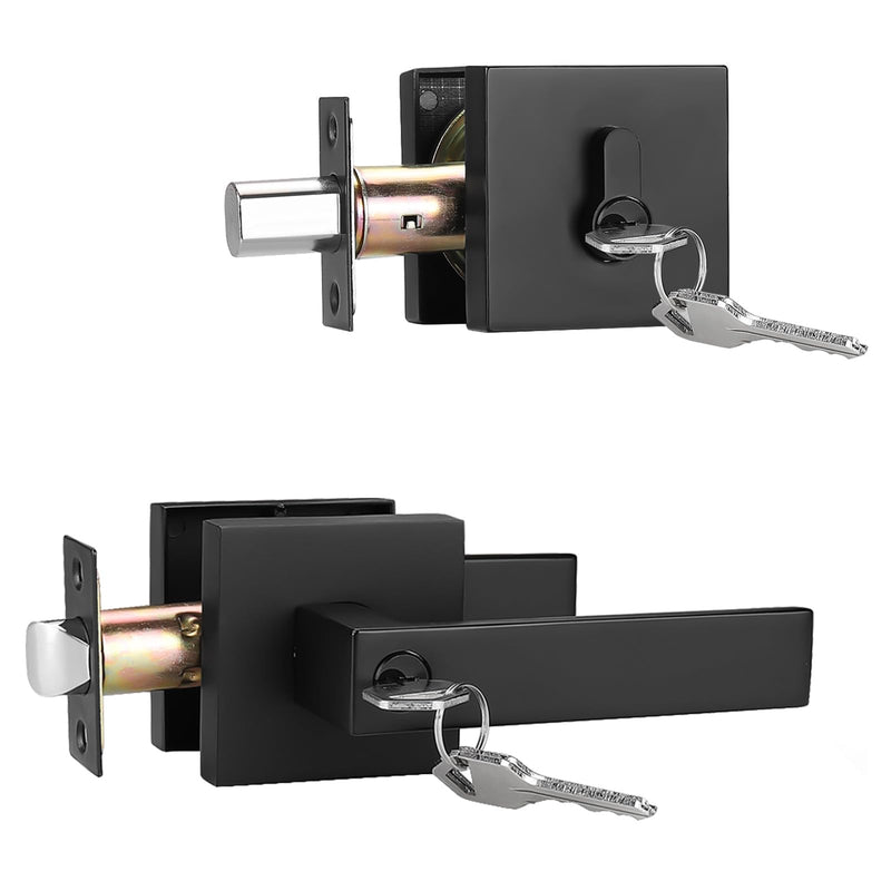 1 Pack Keyed Entry Door Lever and Single Cylinder Deadbolt Set, Keyed Alike Reversible Lockset, Matte Black Square Interior/Exterior Handleset for Bedroom, Front Door 1 Pack Modern Mattte Black