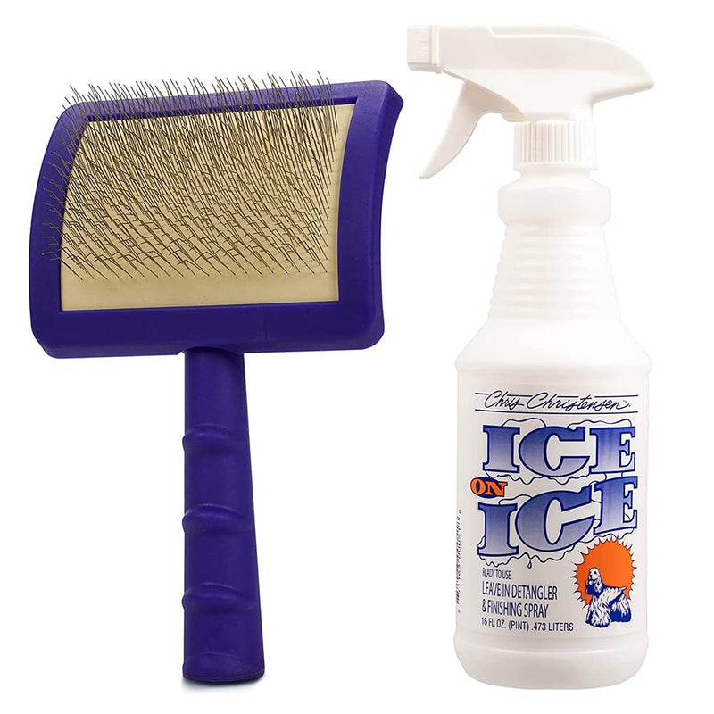 Chris Christensen Jelly Pet Slicker Brush, Universal, Soft Pins, Large, Purple - With Ice on Ice Finishing Spray, 16 oz - PawsPlanet Australia