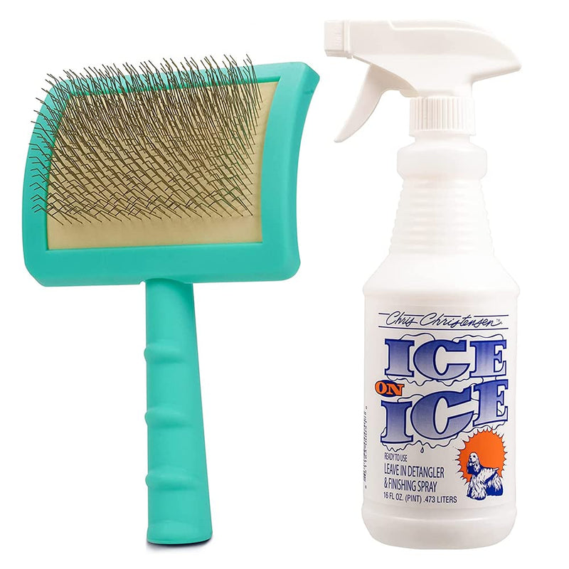 Jelly Pet Grooming Bundle - Large Teal Slicker Brush, Hard Pins & Chris Christensen Ice on Ice Detangler Spray, Ready to Use, 16 oz - PawsPlanet Australia