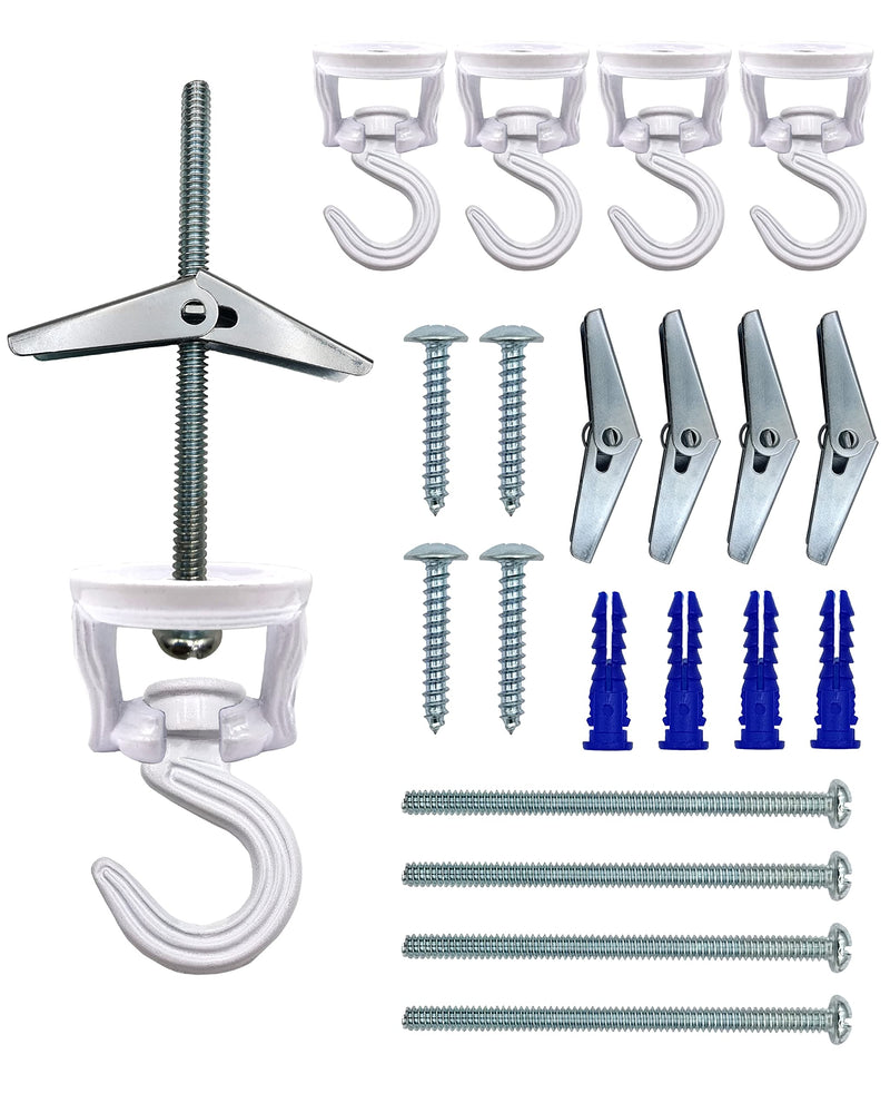 Swivel Swag Hooks for Ceiling Hanging - Ceiling Hooks for Hanging Plants - Ceiling Hangers Heavy Duty for Hanging Light - Zinc Bolt Hook Installation for Cavity Wall Fixing (White 4 Pack)