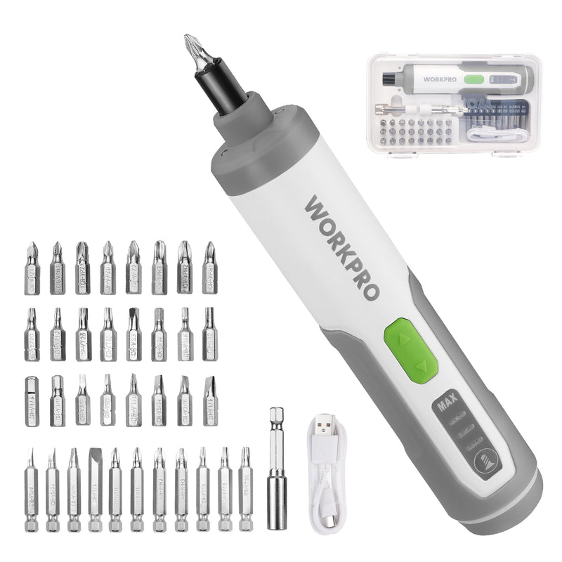 WORKPRO 4V Electric Screwdriver, Rechargeable Cordless Screwdriver Set with 35 Bits, Extension Rod, USB Charging Cable in Carrying Case, LED Light, White Gray