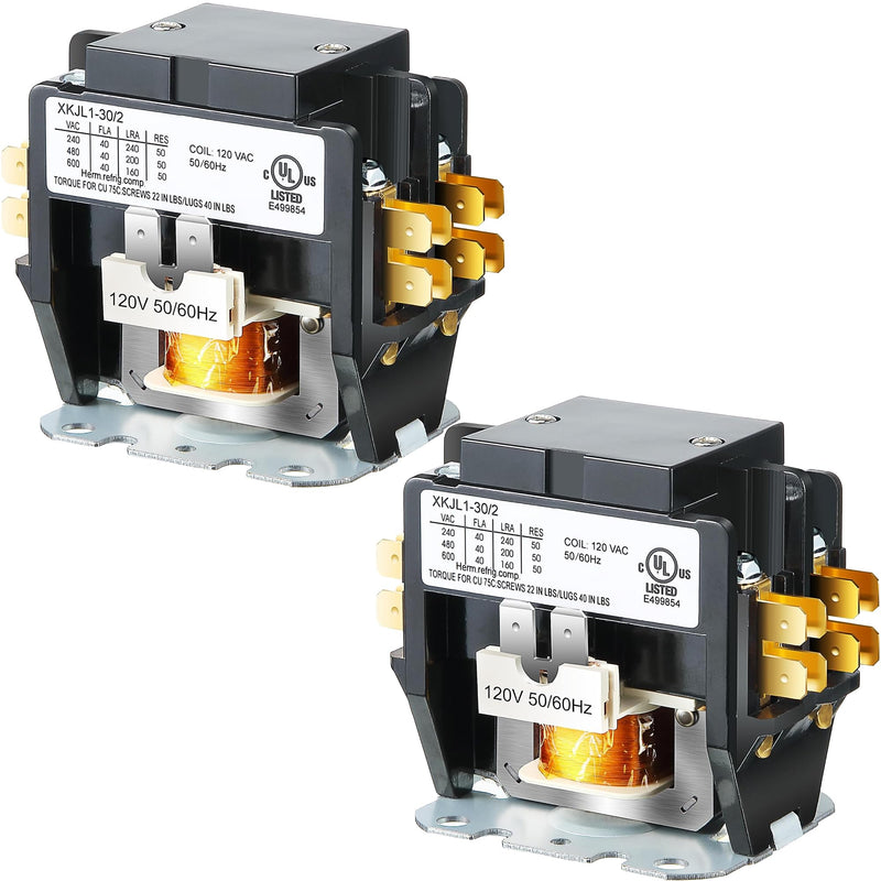 Dreyoo 2 Pack Carrier HVAC Motor Contactor, 120V 30 Amp Coil 2 Pole Replacement Relays Compatible with C230B, Air Conditioner, Heat Pump, Refrigeration Systems