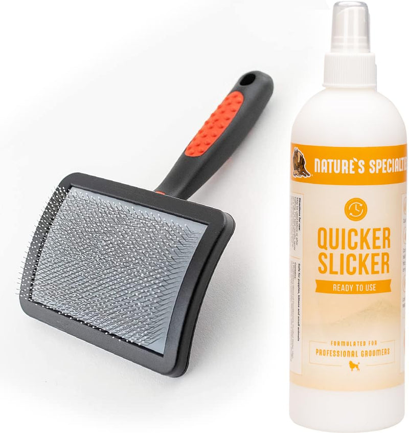 Paw Brothers Grooming Tool and Nature's Specialties Conditioning Spray Bundle - Soft Coated Pin Curved Slicker Brush, Medium- Quicker Slicker Detangling and Conditioning Spray, Ready to Use, 16 oz - PawsPlanet Australia