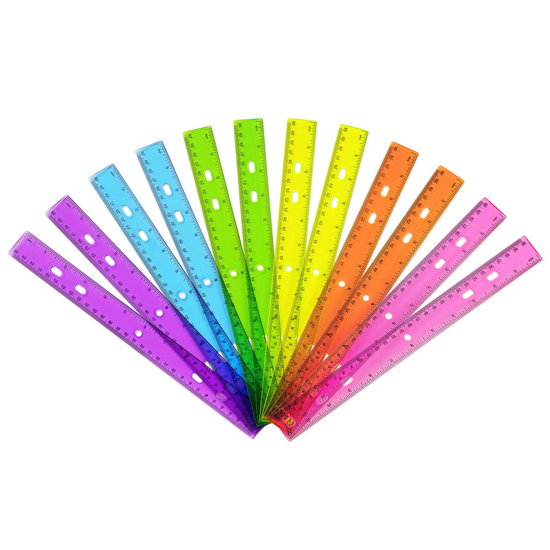 ZZTX 12 Pack Color Transparent Ruler Plastic Rulers 12 Inch, Metric Bulk Rulers with Inches and Centimeters, Kids Ruler for School, Home, Office