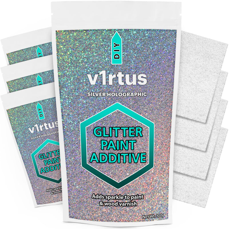 Silver Holographic Glitter Paint Additive [400g] with 4X Finishing Buffing Pads for Painting Glitter Walls - Add to Latex Paint, Interior or Exterior for Easy Glitter Sparkle Walls, Ceilings Silver Holographic