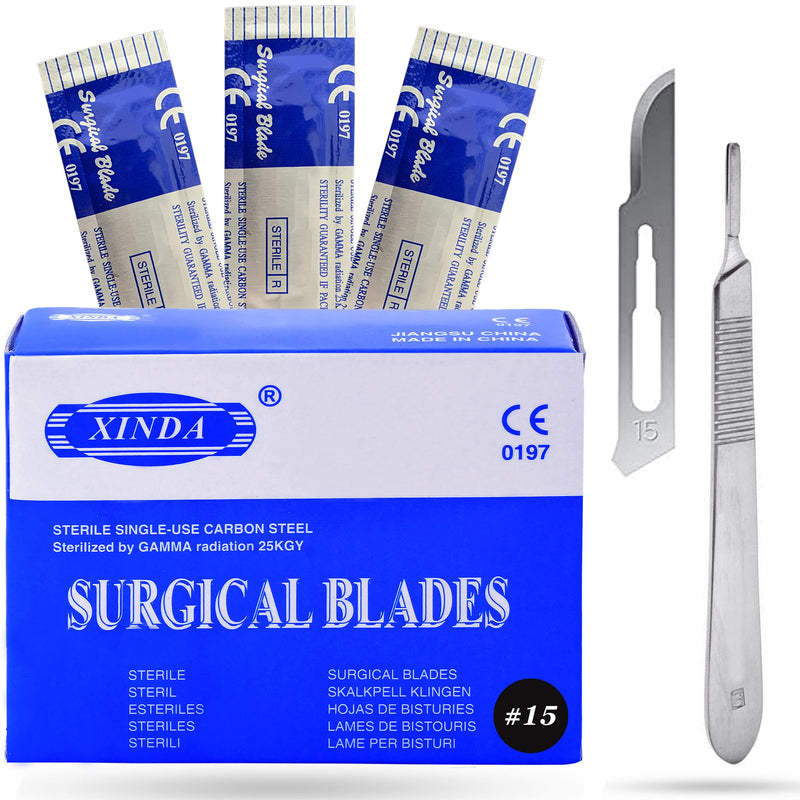 Pack of 100 Blades #15, Scalpel Blades for Knife Scalpel, High Carbon Steel Dermablade Blades. Individually Wrapped, Sterile + Free 1 Handle #3