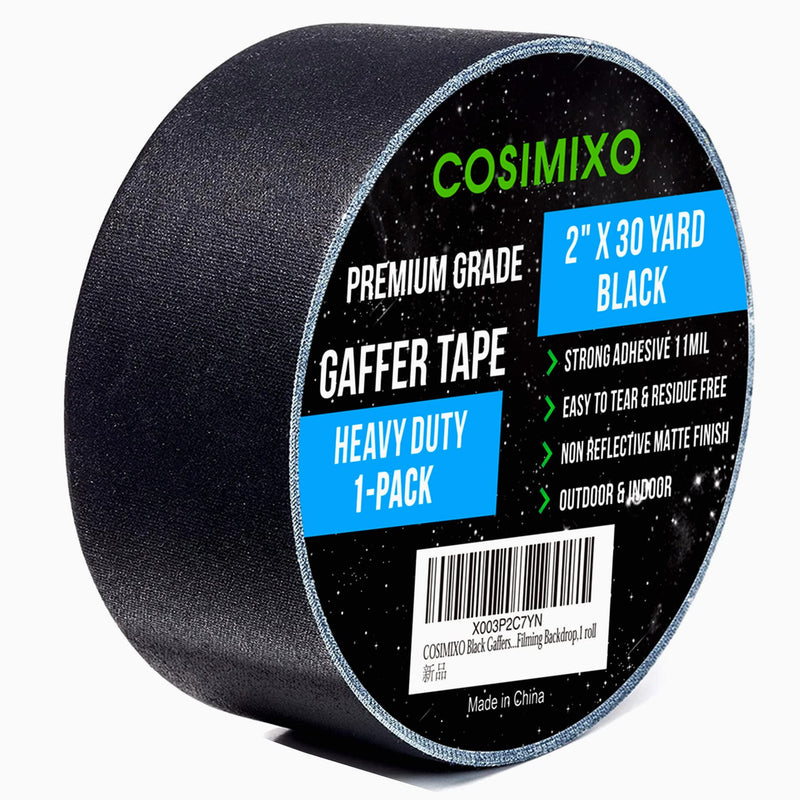 OSIMIXO Black Gaffers Tape 30 Yards x 2 Inch x 11Mil- Waterproof, No Residue, Non-Reflective, Easy Tear, Matte Gaffer Stage Tape - Gaff Cloth Tape for Photography, Filming Backdrop,1 roll 1