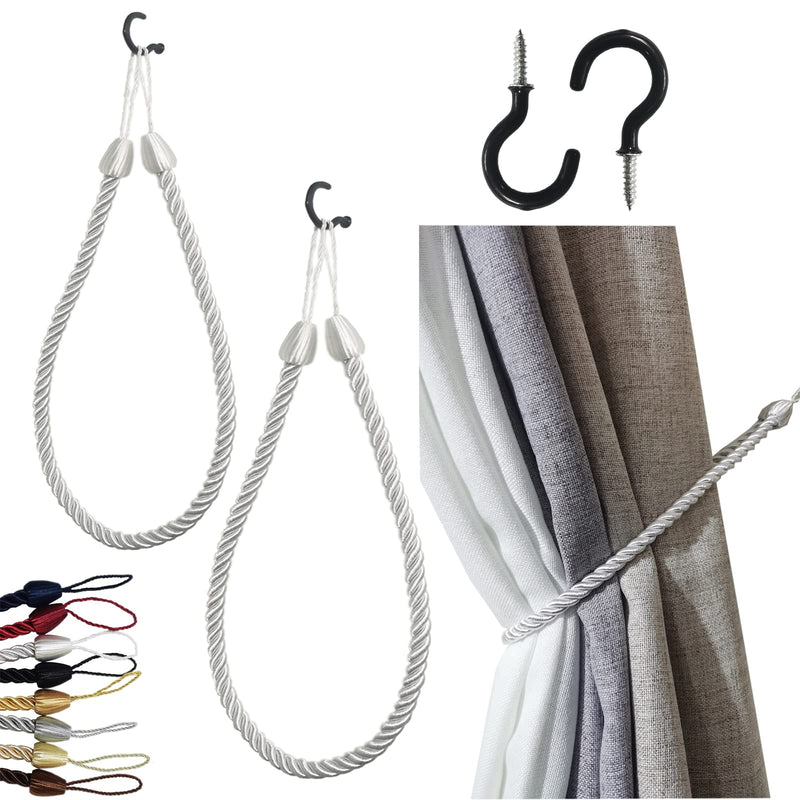SLIFEOW Curtain Tiebacks Ropes, Decorative Handmade Tie Backs Curtain Holdbacks with 2 Metal Screw Hooks, Holders Cord for Thin or Thick Window Drapes Indoor Outdoor (White, 2) White - NewNest Australia