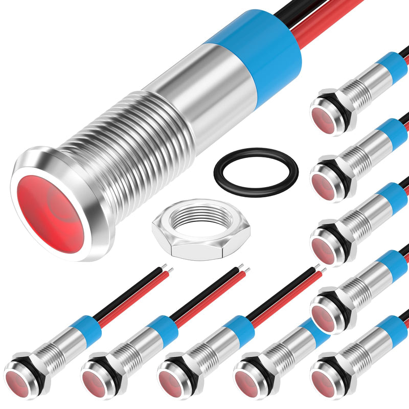 DaierTek LED Indicator Light 12V Red LED 6MM Metal Waterproof 12 Volt Indicator Light 1/4" Flat Head Pilot Light Panel Mount with Wire for Automotive Car -10Pcs 10pcs