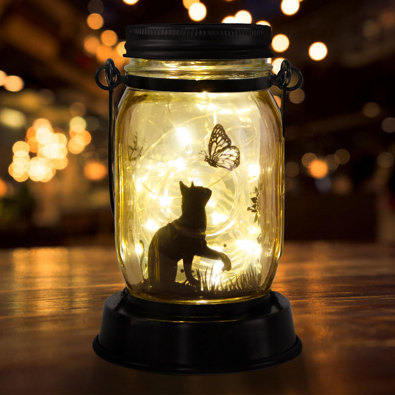 Styleonme Decor Mobile Outdoor Solar Lanterns, Solar Waterproof Cat Lights with Butterfly, Gifts for Women Men Cat Lovers Gifts, Hanging Cat Lanterns with Stake for Yard Lawn Garden Decor Cat & Butterfly