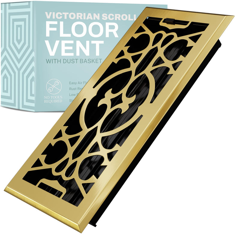 Home Intuition Victorian Floor Vent Cover 4X10 Inch Floor Register with Mesh Cover Trap Heat and Air Walkable Metal Floor Vent for HVAC Duct, Polished Brass
