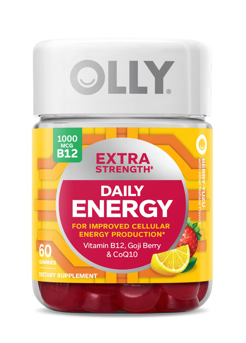 OLLY Extra Strength Daily Energy Gummy, Caffeine Free, 1000mcg Vitamin B12, CoQ10, Goji Berry, Adult Chewable Supplement, Berry Yuzu Flavor - 60 Count - NewNest Australia