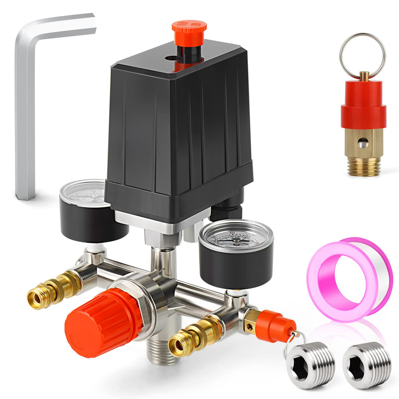 MEANLIN MEASURE Air Compressor Pressure Switch Control Valve 90-120 PSI 110V-240V Replacement Parts With 0-180 Pressure gauge and Manifold Regulator 90-120 PSI With Manifold Regulator