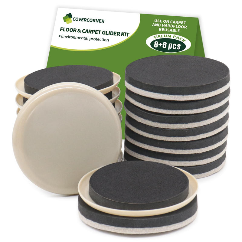 Furniture Sliders for Hardwood Floors, Furniture Sliders for Carpeted Floors, 16 PCS 3 1/2 inch Combo Pack, Sliders for Moving Furniture, Furniture Movers Sliders 16 PCS 3 1/2'' Beige
