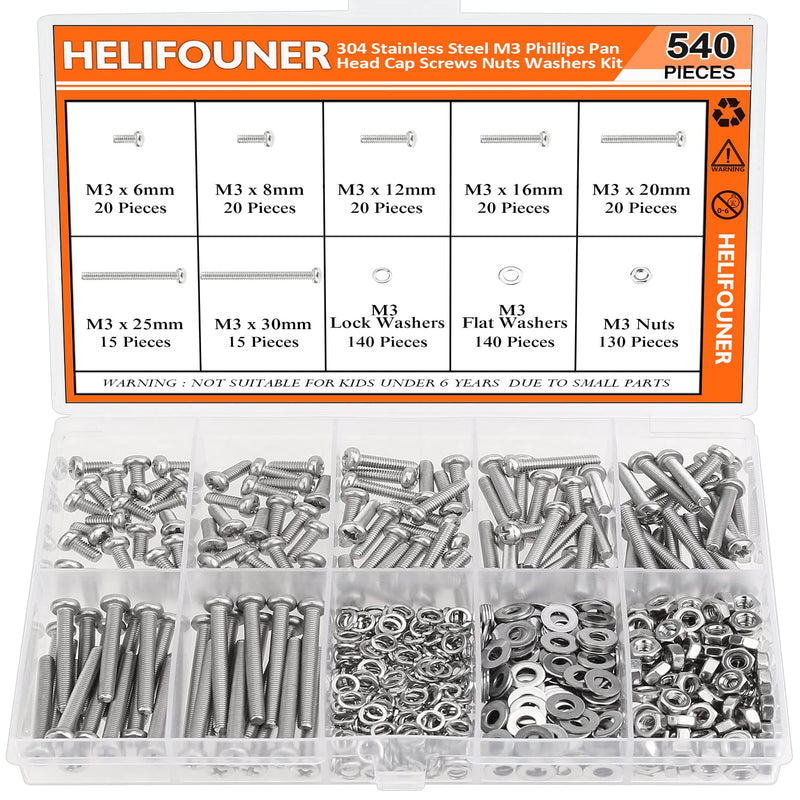 540 Pieces M3 x 6mm /8mm /12mm /16mm /20mm /25mm /30mm, Phillips Pan Head Machine Screws, Metric Screws Bolts Washers Nuts Kit, 304 Stainless Steel