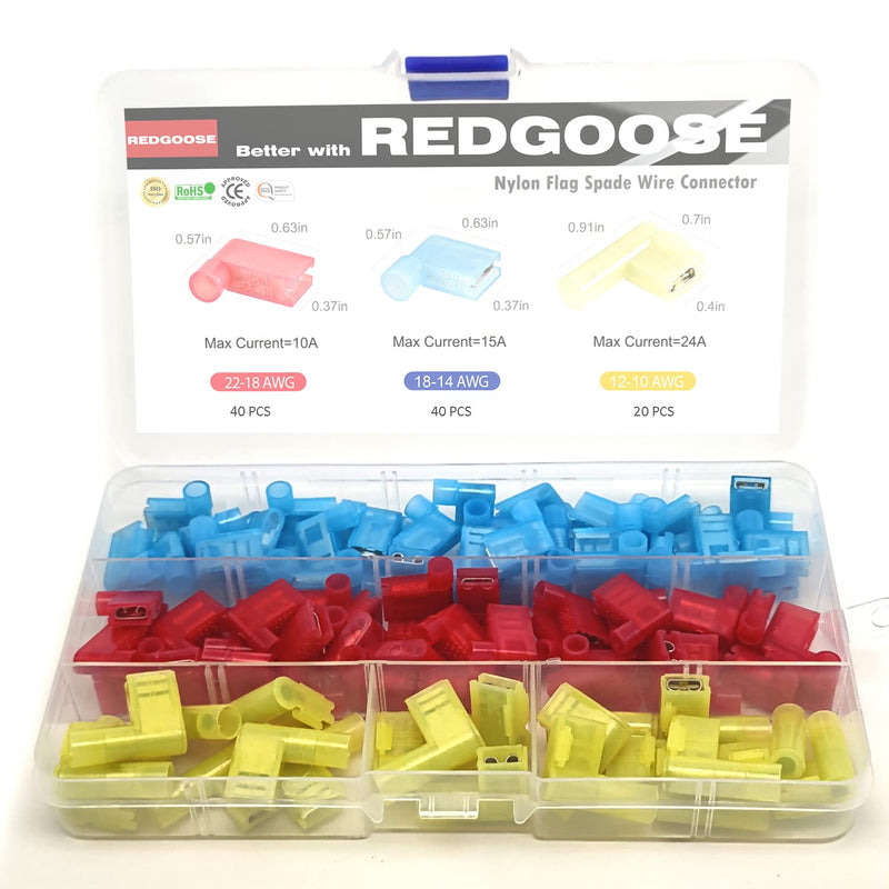 100PCS Nylon Flag Spade Quick Disconnects Female Wire Connector 22-10 AWG 90 Degree Electrical Crimp Wire Terminals(22-18AWG 40PCS, 18-14AWG 40PCS, 12-10AWG 20PCS) Kit-100