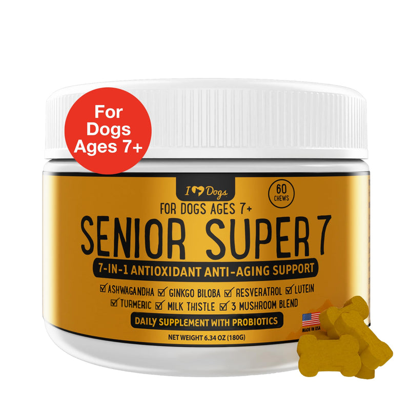 iHeartDogs Senior Super 7 Daily Dog Multivitamin - 7-in-1 Vitamin for Dogs Supports Anti-Aging with Antioxidants, Probiotics, Lion's Mane, Turkey Tail, & Ashwagandha for Longevity & Cognitive Boost - PawsPlanet Australia