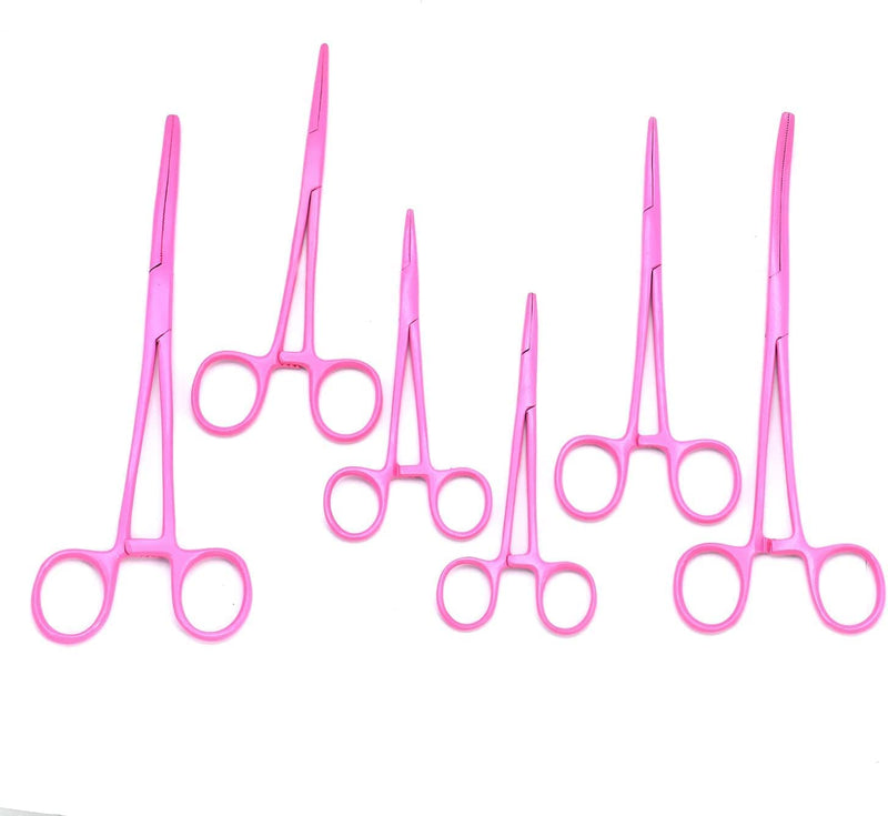 6 Piece Curved & Straight (8", 6.25" and 5") Pink Coated Hemostat Set, Stainless Steel Locking Tweezer Clamps - Ideal Hemostats for Nurses, Fishing Forceps, Crafts and Hobby