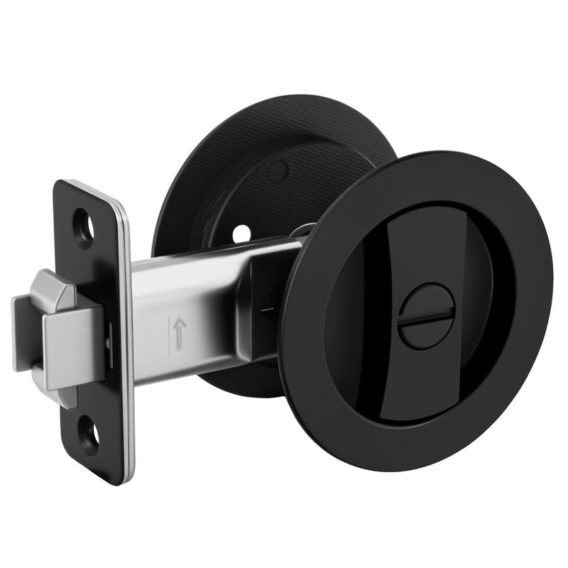 goldenwarm Matte Black Round Pocket Door Lock, Pocket Door Hardware for 2-1/8'' Round Bore Hole, Pocket Door Handles Fit 1-1/4'' to 2'' Thickness Sliding Door 2-3/8'' Latch 1 Pack Classic 1 Pack