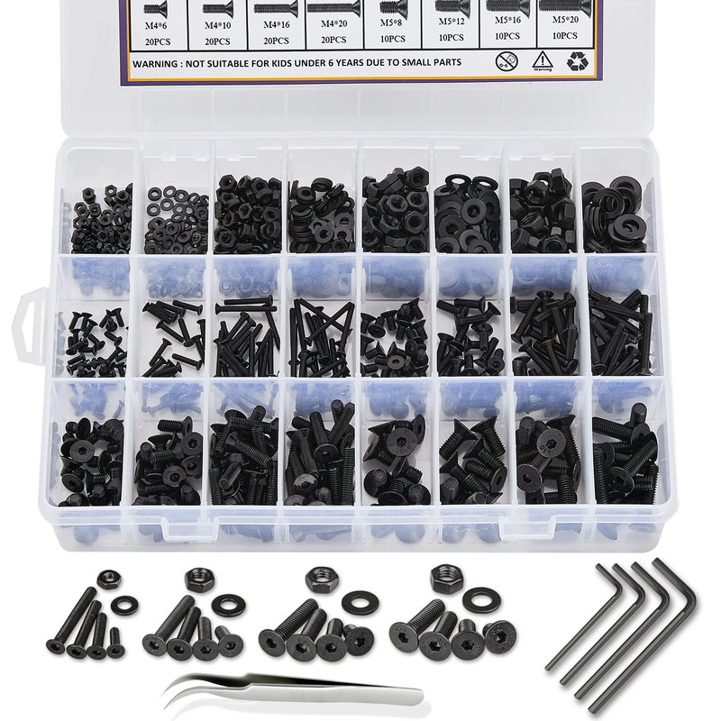 840PCS Metric M2 M3 M4 M5 Hex Socket Flat Head Screws Bolts Nuts Washers Assortment Kit with Storage Box, 10.9 Grade Alloy Steel Metric Thread Hexagon Allen Machine Bolt, DIN 7991 with 4 Hex Wrenches Flat Socket Head