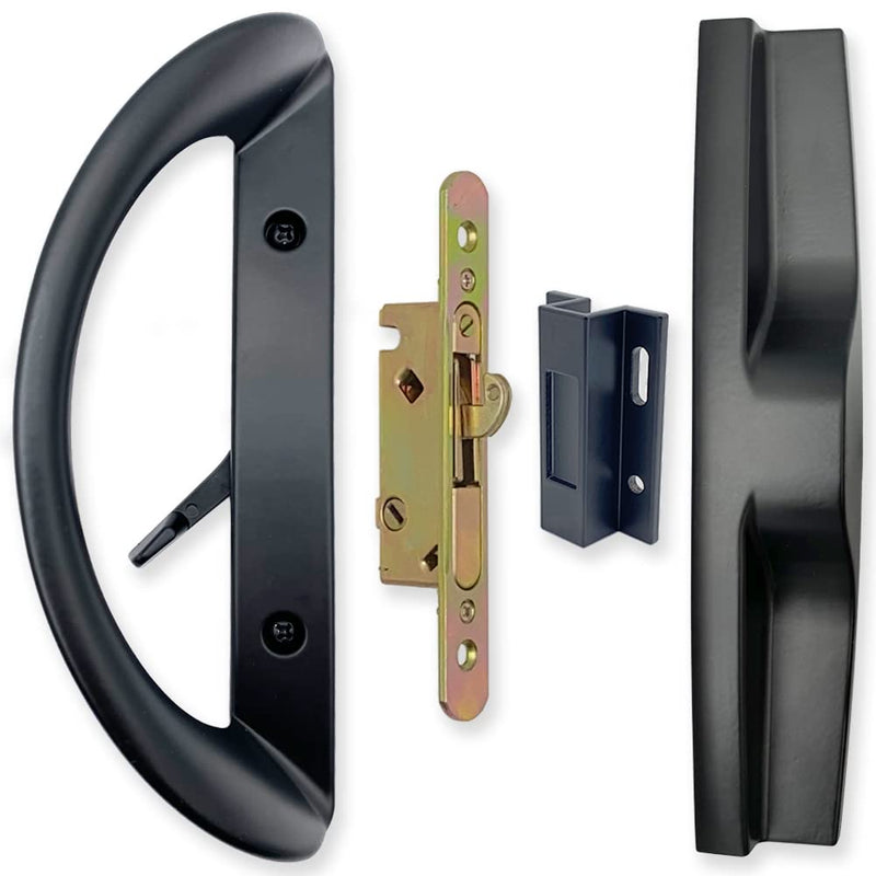 Patio Sliding Door Handle Set with Mortise Lock, Face Plate and Keeper, Replacement Handle Lock Set Fits Door Thickness from 1-1/2" to 1-3/4", 3-15/16" Screw Hole Spacing, Non-keyed, Black no Key