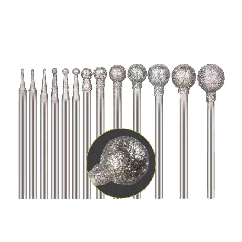13 Pcs Ball Shape Diamond Burr - 3/32'' Shank Diamond Ball Burs Stone Carving Bits for Dremel Rotary Tool 13pc Ball Shape
