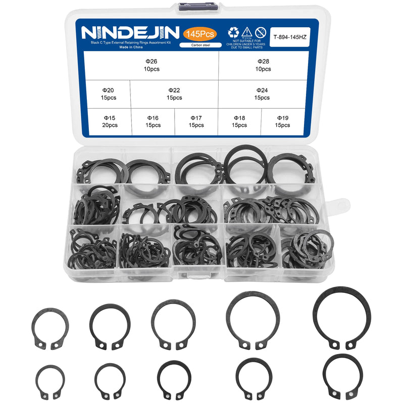NINDEJIN Snap Ring Shop Assortment, 145PCS External Retaining Rings 15-28mm (0.59''-1.1'') Carbon Steel Snap Retaining C Clip Rings Kit for Grooved Shafts, Studs, and Other Moving Parts 145PCS (15-28mm)