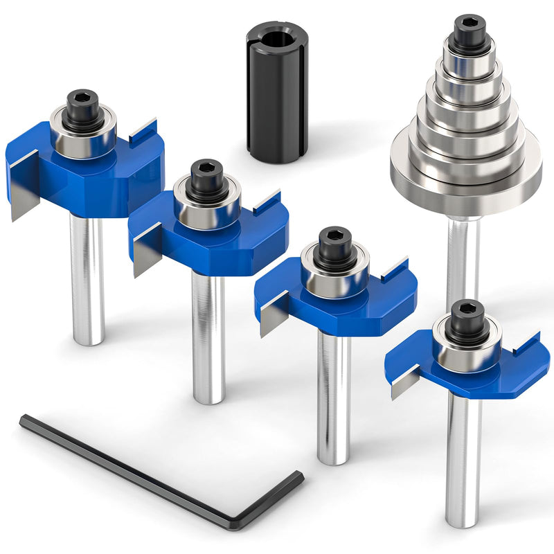 4Pcs Rabbet Router Bit 1/4" Shank with 6 Bearings Set - 1/16", 3/16", 1/4", 5/16", 3/8", 7/16". Interchangeable Bearings with 1/2" to 1/4" Router Collett