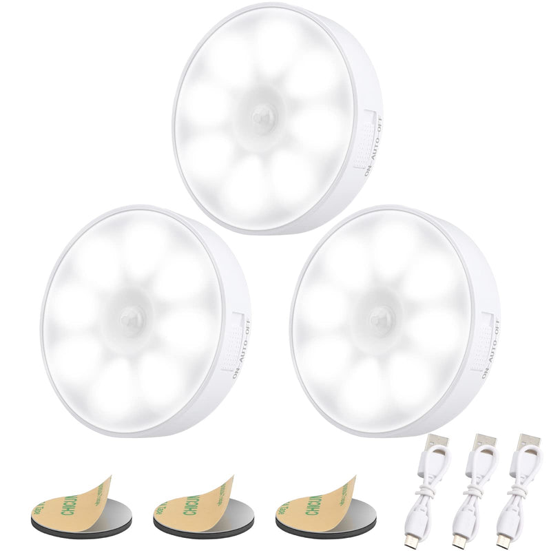 Upgraded Motion Sensor Light [8 LEDs], 3 Pack Night Light Rechargeable, 3M/120° Detection Range, 3 Modes, Closet Light, Bedroom Light, Anywhere Stair Light, Hallway Light - 6000K Cold White