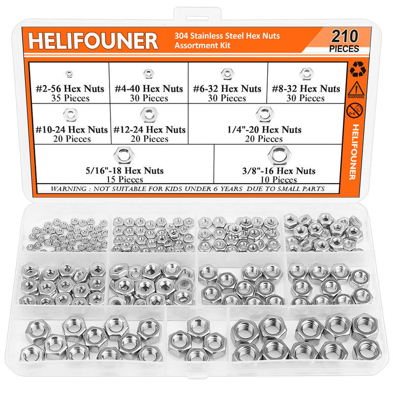 210 Pieces 9 Sizes 304 Stainless Steel #2-56 to 3/8"-16 Hex Nuts Assortment Kit (#2-56#4-40#6-32#8-32#10-24#12-24 1/4"-20 5/16"-18 3/8"-16) 210 Pieces Hex Nuts Kit