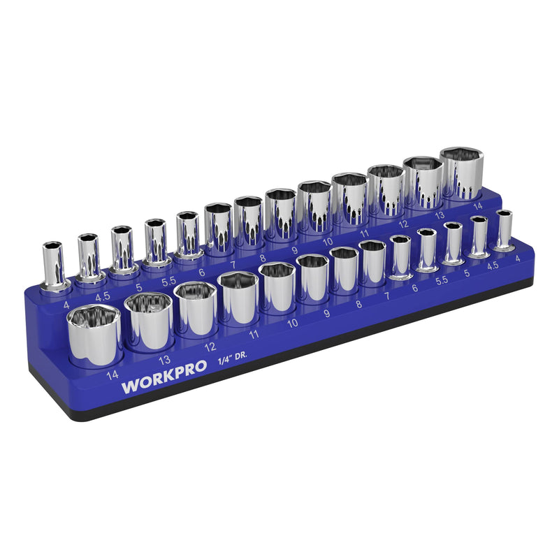WORKPRO Magnetic Socket Organizer, 1/4-Inch Metric Socket Holder, Socket Trays Holds 26 Pieces Standard Size and Deep Size Sockets(Socket not Included) 1/4" DR, Metric