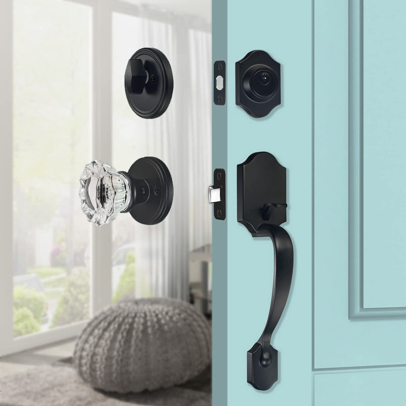 Black Front Door Lock Set with Single Cylinder Deadbolt and Crystal Glass Knob, Entry Front Door Handle Reversible for Left & Right Handed Door, Matte Black Finish 1