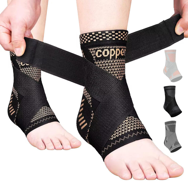JIUFENTIAN Copper Ankle Brace Adjustable Compression Sleeve (Pair)-Ankle Support Heel Brace for Achilles Tendonitis, Plantar Fasciitis-Eases Swelling and Sprained Ankle(Large) Large Copperblack
