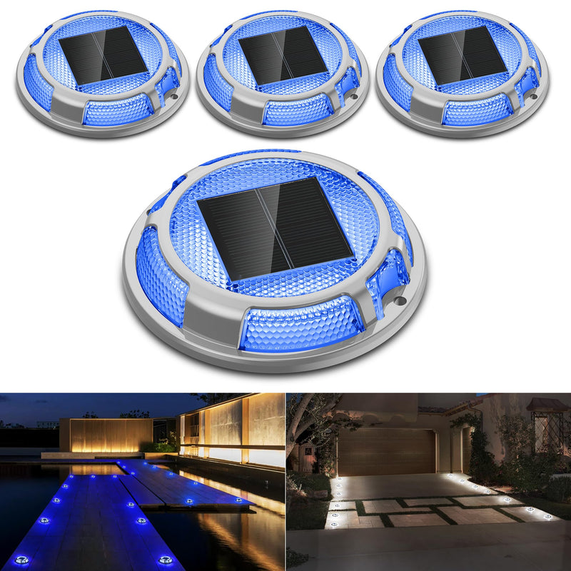 Solar Driveway Lights Dock Lights Waterproof 4 Pack, 2 Colors in 1, LED Solar Deck Lights for Outside, Solar Powered Ground Lights for Warning Driveway Stair Step Pathway(Blue & White) Blue Light & Cool White