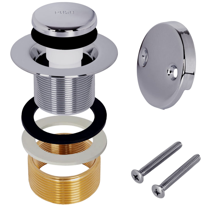 Bathtub Drain Tip-Toe Tub Trim Kit with Two-Hole Overflow Faceplate, All Brass Bathtub Drain Stopper Plug with Universal Fine/Coarse Thread, Lift & Turn Tub Conversion Set (Chrome Plated) Chrome Plated