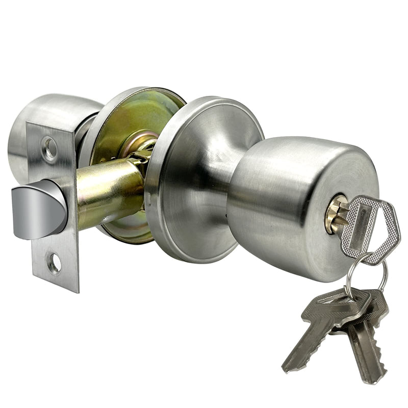 JO.KO Door Knob with Lock and Keyed, Satin Nickel Round Ball Lock Interior/Exterior Door Knob for Bedroom Or Bathroom (Stainless) 1 Piece Keyed Entry Satin Stainless