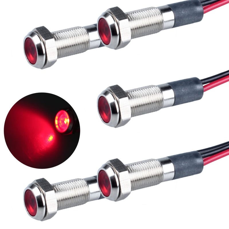 5 Pcs 6mm 110V-220VAC Metal LED Indicator Light Mounting Hole 1/4" 20mA Energy Saving Signal lamp Waterproof IP67 with Wire for machine tools household appliances etc. Red LED