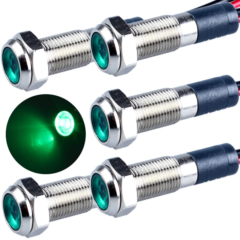 5 Pcs 6mm 110V-220VAC Metal LED Indicator Light Mounting Hole 1/4" 20mA Energy Saving Signal lamp Waterproof IP67 with Wire for machine tools household appliances etc. Green LED