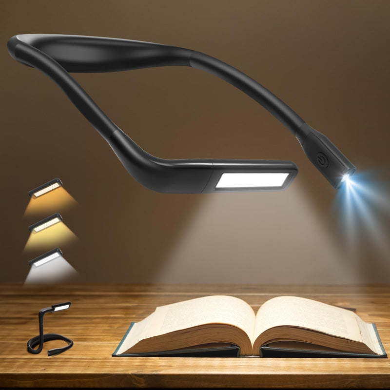 Neck Reading Light Book Lovers Gifts, Rechargeable 2000mAh 10-80Hrs Eye-friendly Wide Lamp Booklight, Birthday Christmas Stocking Stuffers for Men Women Readers, Camping Knitting Crochet Accessories Black