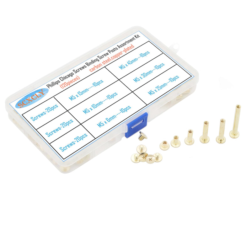 120pcs Chicago Screws Binding Screw Posts Assortment Kit, 6 Sizes(M5 x 6/10/15/25/30/45mm), Carbon Steel Copper-Plated Golden