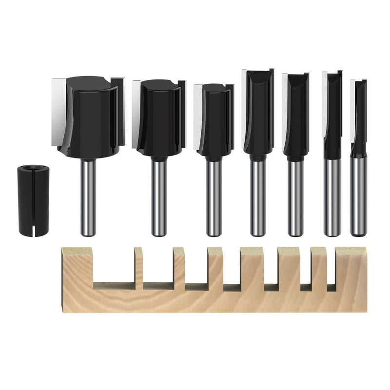 Double Flute Straight Bit Cleaning Bottom Router Bit 1/4-Inch Shank - 1/8, 3/16, 3/8, 1/2, 5/8, 3/4, 1 Inch Cutting Dia Woodwork Cutter 7PCS Straight Bit 7PCS