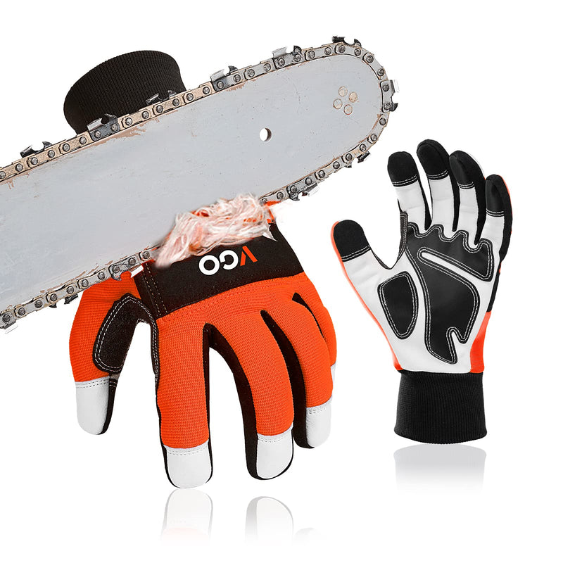 Vgo... Chainsaw Gloves, 12-Layer Chainsaw Protection on Both Hand Back, leather Work Gloves, Mechanic Gloves X-Large(1 Pair) Orange(knitted Cuff)