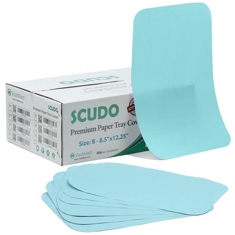 1000PCs Dental Grade Scudo Premium Paper Tray Covers Size B (8.5"x12.5") by VASTMED | Disposable Tray Covers for Dental Tray, Sterile Tattoo Tray, Surgery Tray Blue