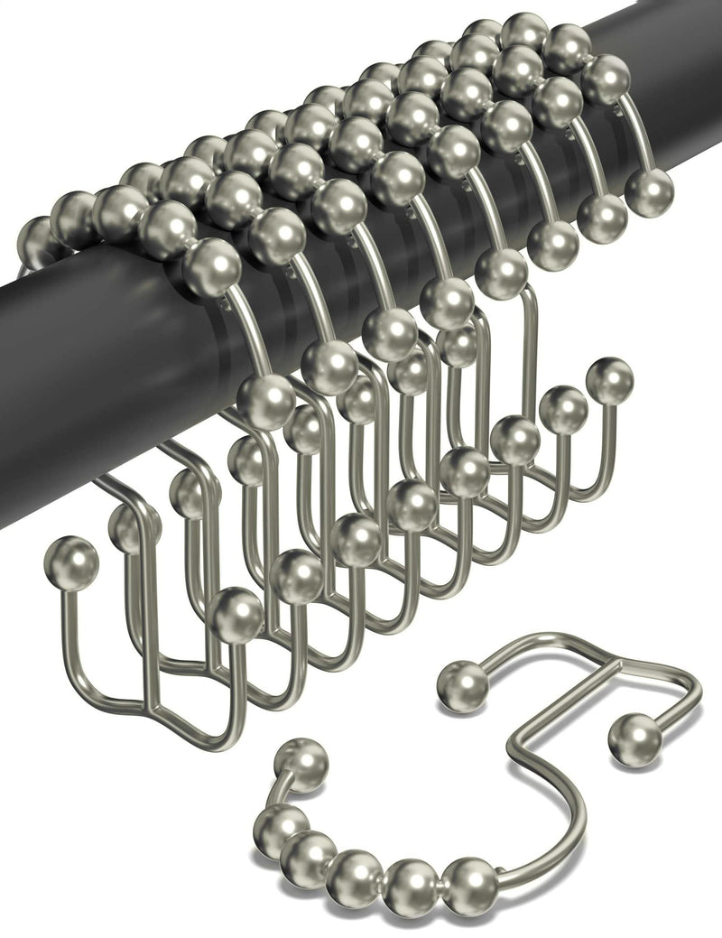 Double Shower Curtain Hooks Rust Proof (Set of 12) - Stainless Steel Nickel Shower Curtain Rings with Roller Balls for Easy Glide, Easy Install Double Shower Hooks for Shower Curtain (Polished Nickel) Dual Anchor Hooks - NewNest Australia