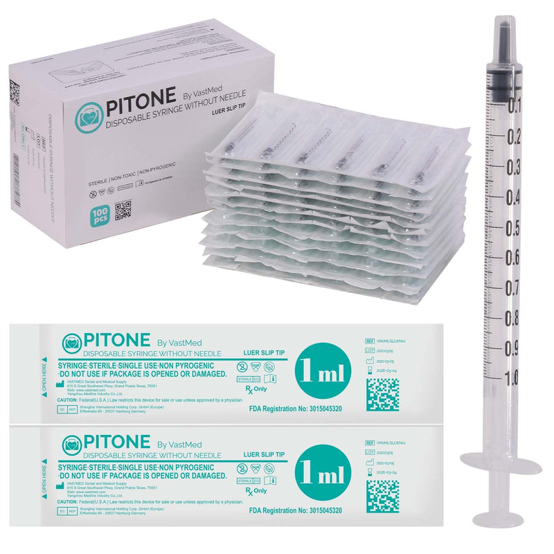 100PCs Dental Grade 1ml Without Needle Disposable Luer Slip Tip Sterile Size by VASTMED | Individually Sealed for Industrial, Scientific, Measuring 1 ML (100 PCs)